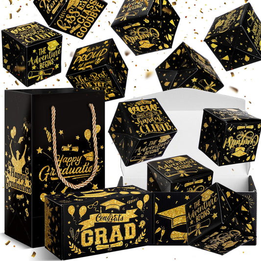 Tenceur 14 Pcs 2026 Graduation Explosion Gift Boxes 12 Bounces Exploding Money Box DIY Congrats Grad Folding Bouncing Gift Box Money Cash Explosion Gift Box for Grad College Party Favors(Black Gold)