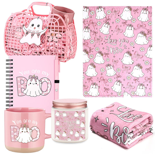 Roshtia 1 Set 7pcs Valentines You're My Boo Basket Gifts for Girlfriend You're My Boo Pink Ghost Handbag Throw Blanket Coffee Mug Candle Jar Spiral Journal Pen Card(Halloween)