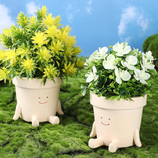 Nuogo 2 Pieces Cute Plant Pots Face Resin Succulent Flower Pot Indoor Head Planters Fun Novelty Planters with Drainage Legs Out for Christmas Plant Lover Gardening Gift Outdoor(Classic)