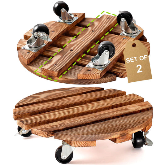 HOHY 2-Pack 12" Plant Caddy Plant Stand with Wheels Heavy Duty Wood Rolling Plant Stand with 2 360° Lockable Wheels,Indoor Outdoor Plant Roller for Large Planters, Flower Pot, Patio