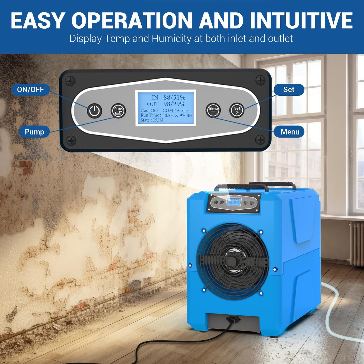 MOUNTO Commercial Dehumidifier, 150 Pint High-Capacity, Includes Pump Drain Hose for Water Damage Restoration, Ideal for Basements, Warehouses & Job Sites