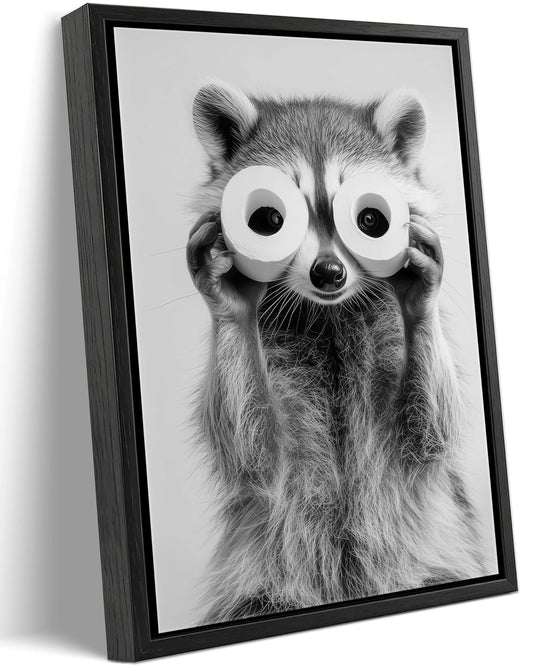Framed Adorable Raccoon Bathroom Canvas Wall Art Toilet Paper Raccoon Wall Decor Pictures Funny Black and White Bathroom Animal Posters Prints for Restroom Home Decoration 8x10in