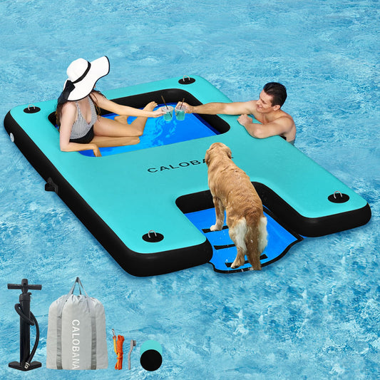 CALOBANA Inflatable Floating Dock with Boat Ramp,Lake Floats with Mesh,Tanning Pool Lounger Water Hammock for Family Party Pool Sea River Dock Boat,Mint Green+Black+Blue