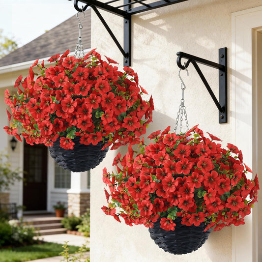 VIERENA 2 Sets Artificial Morning Glory and Eucalyptus Hanging Basket for Outdoor, UV-Resistant Fake Flower Hanging Basket, Suitable for Porch, Aisle, Garden, Patio, Eaves Decor (Red)