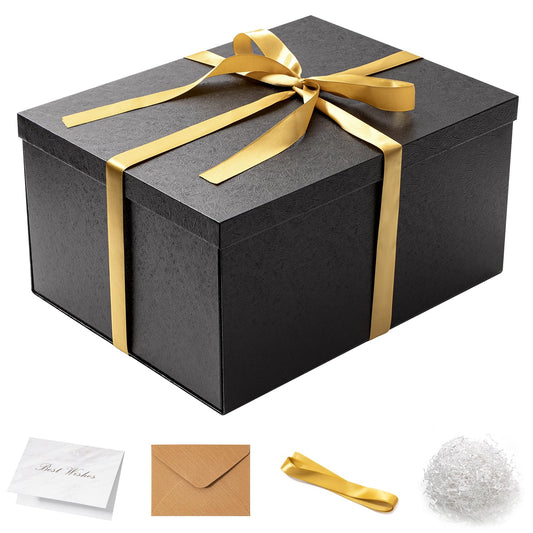 Mefleet 16x12x8 Inches Large Gift Box with Lid for Presents Big Deep Black Gift Boxes 1 Pack for Christmas, Birthday, Valentine's Day,Mother's Day Presents - Contains Crinkle Paper,Ribbon and Card