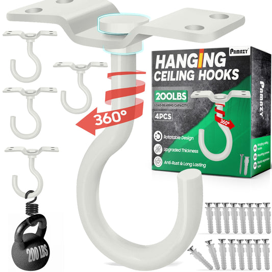 [UPGRADED] 200LBS 4Pcs Rotatable Ceiling Hooks with 4 Screw Points Plate Base, White Wall Mount Metal Hanger for Hanging Plants, Bird Feeders, Lanterns, Lights, Wind Chimes, Indoor Outdoor Decor