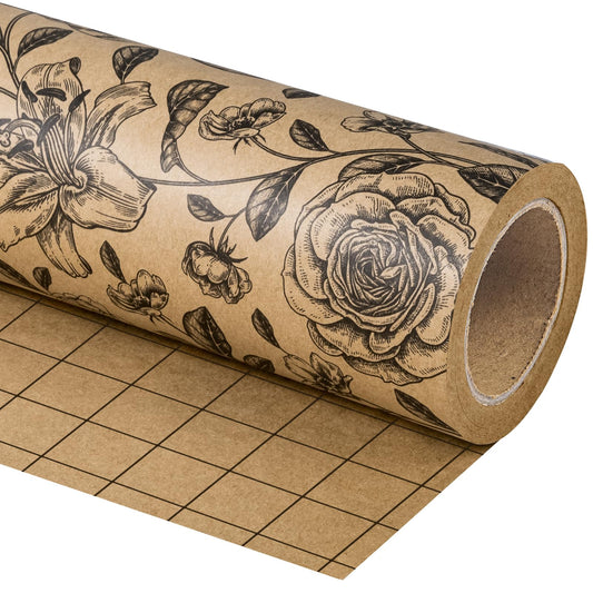 WRAPAHOLIC 30 Inch Kraft Floral Wrapping Paper Roll - 30 Inch x 33 Feet - Vintage Black Flower Wrapping Paper for Birthday, Bridal Shower, Wedding, Baby Shower