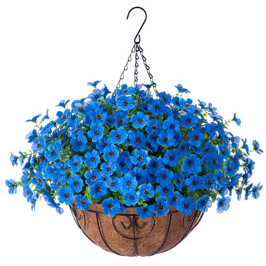HyeFlora Artificial Fake Hanging Plants Flowers with Basket Outdoor Decor Faux Silk Daisy Flower Arrangements in Pot Planter for Porch Home Indoor Patio Garden Yard Decoration, Blue