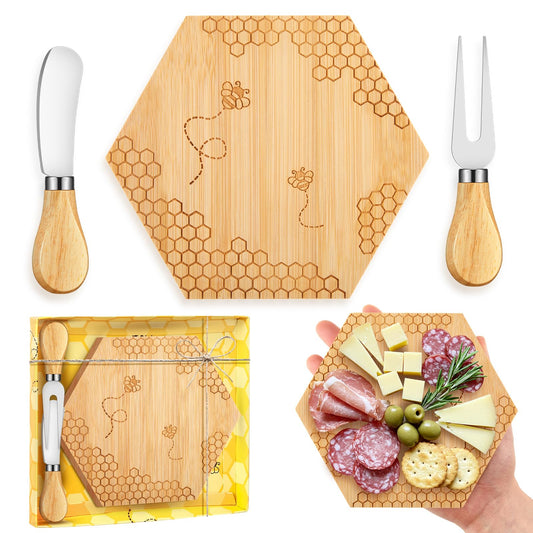 Ziliny 1 Set Bridal Baby Shower Prizes for Winners Honey Bee Cheese Board Party Gifts with Cheese Knive and Forks Box for Bee Baby Shower Themed Birthday Wedding Favors (Hexagon)