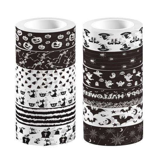 GLKTOPO 12 Rolls Halloween Theme Washi Tapes Pumpkin Spider Pattern Decorative Tape Black and White Masking Tape for Halloween Scrapbook Journal DIY Craft Gift Wrapping, 16.4Ft