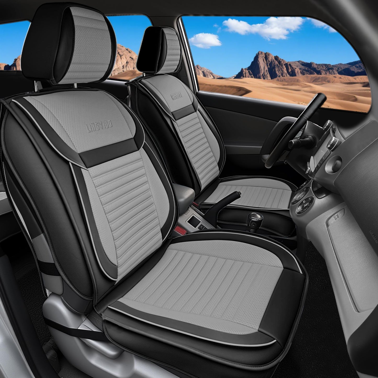 LINGVIDO Car Seat Covers, Breathable and Waterproof Faux Leather Automotive Seat Covers for Cars SUV Truck Sedan,Universal Anti-Slip Driver Seat Cover with Backrest (Full Set, Gray+Black)