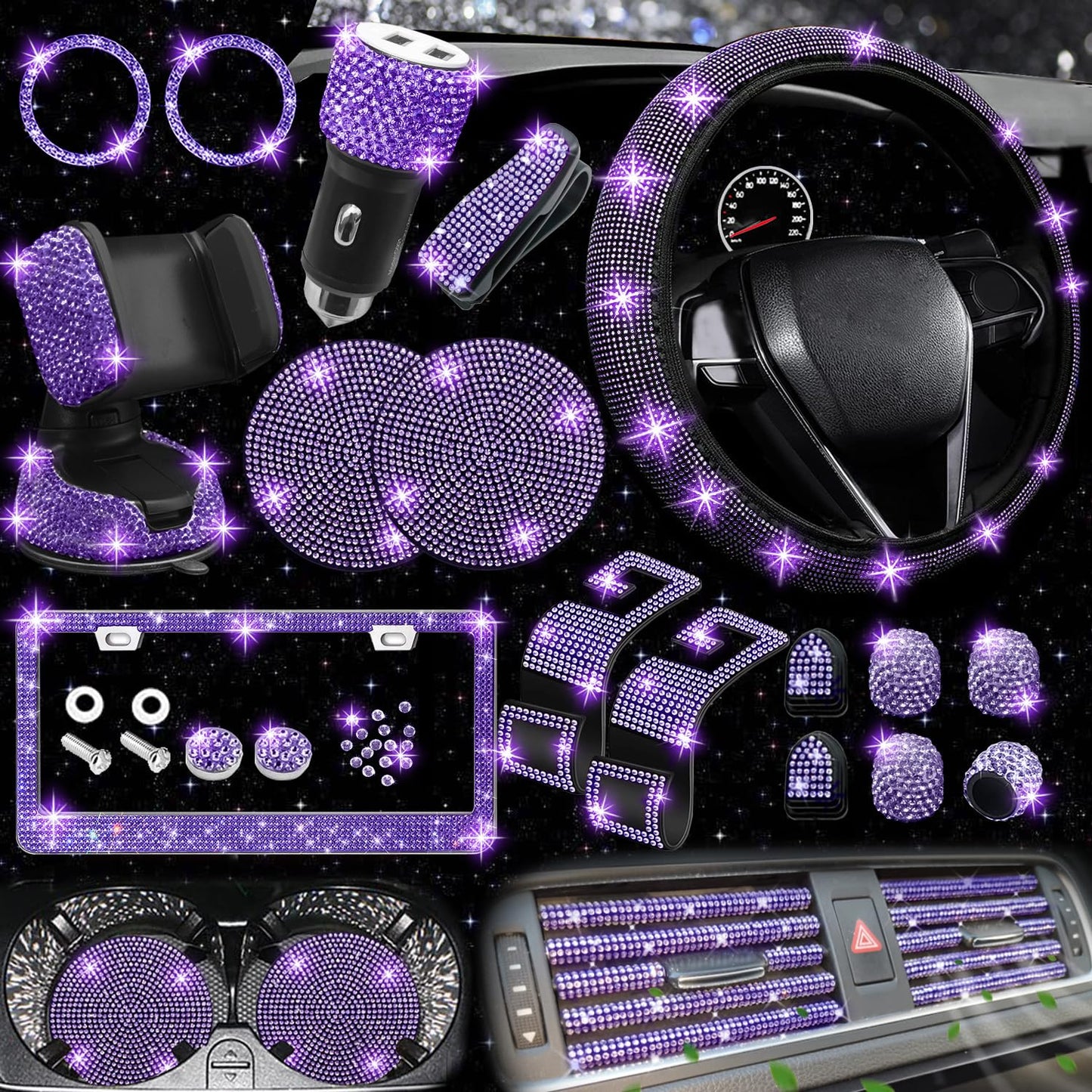 NBTEPEM 27 PCs Bling Car Accessories Set for Women, Steering Wheel Covers Universal Fit 15 Inch, License Plate Frame, Phone Holder, Bling Car Coasters (Silver Diamond)