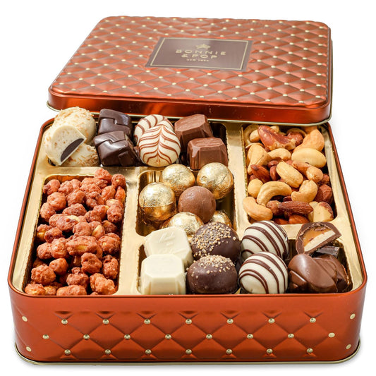 Gourmet Chocolate & Nut Gift Basket – Assorted Individually Wrapped Chocolates, Truffles, Cashews, Peanuts & Salty Nut Mix – Keepsake Gift Tin for Easter, Birthdays, Corporate, Family & Holiday Gifting- Bonnie and Pop