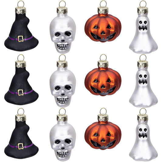 Watayo 12 PCS Halloween Glass Ornaments, Halloween Decorations Glass Blown Ornaments with Pumpkin Ghost Skull Witch Hat for Haunted House Party Christmas Tree Home Decoration