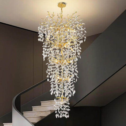118'' Long Crystal Chandelier for High Ceiling, 28-Light Modern Gold Tree Branch Chandelier, Large Chandeliers for Foyer Entryway Staircase Living Room, 5-Tier Luxury K9 Crystal Raindrop Light Fixture