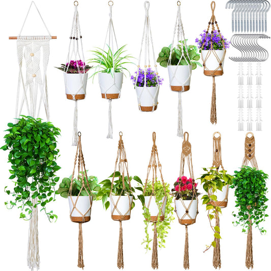 Hoteam 12 Pcs Macrame Plant Hangers Macrame Hanging Planters for Indoor Plants Handmade Boho Hanging Baskets Flower Pots Holder for Outdoor Home Wall Decor(Beige, Brown)