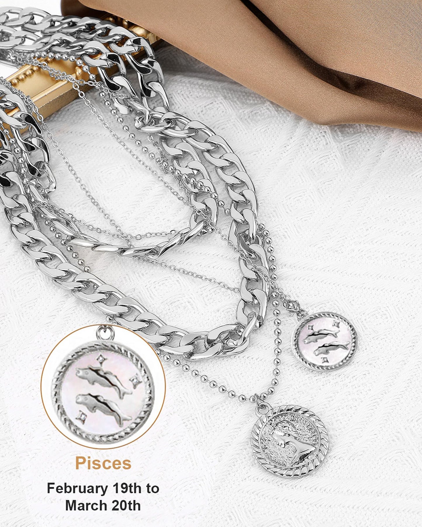 MJartoria Gold Layered Necklaces for Women Trendy Retro Coin Pendant Necklace Dainty Chunky Chain Choker Necklaces for Jewelry Birthday Gifts (Silver, Zodiac-Pisces-3PCS Layered)