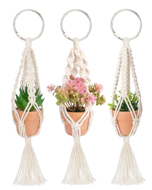Macrame Plant Hangers, 3 Pcs Plant Hangers with Artificial Succulent Plants, Interior Car Accessories for Women, Rear View Mirror Accessories by MoHern