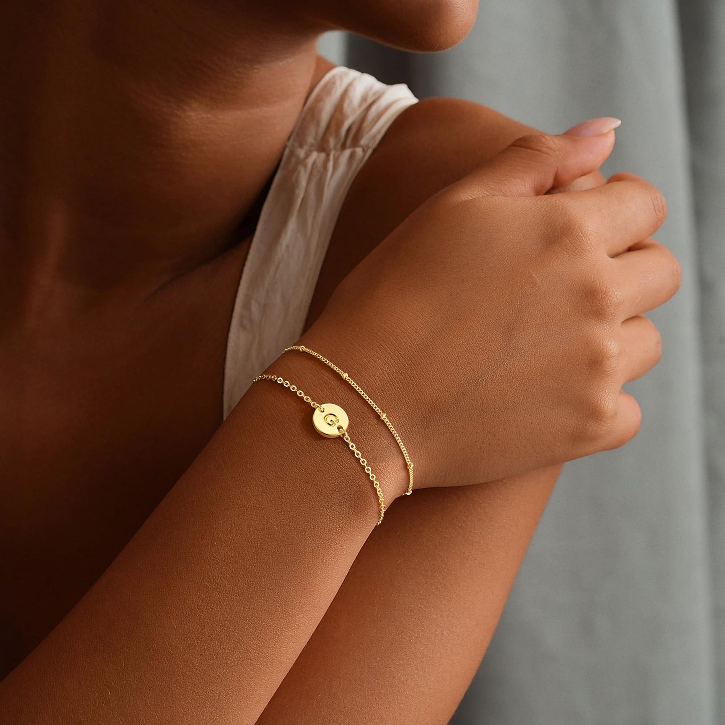 MONOZO Gold Initial Bracelets for Women, Dainty 14K-gold-plated Layered Beaded G Letter Initial Bracelet Personalized Alphabet Disc Monogram Charm Bracelet Jewelry Gifts