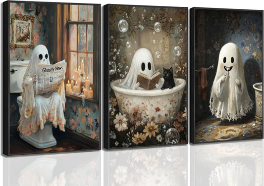 3Pcs Halloween Ghosts Posters Wall Art Horror Ghost and Black Cat in Bathroom Wall Decor Pictures Gothic Dark Retro Horror Creepy Dark Academia Prints for Bathroom Gallery Home Decoration Unframed