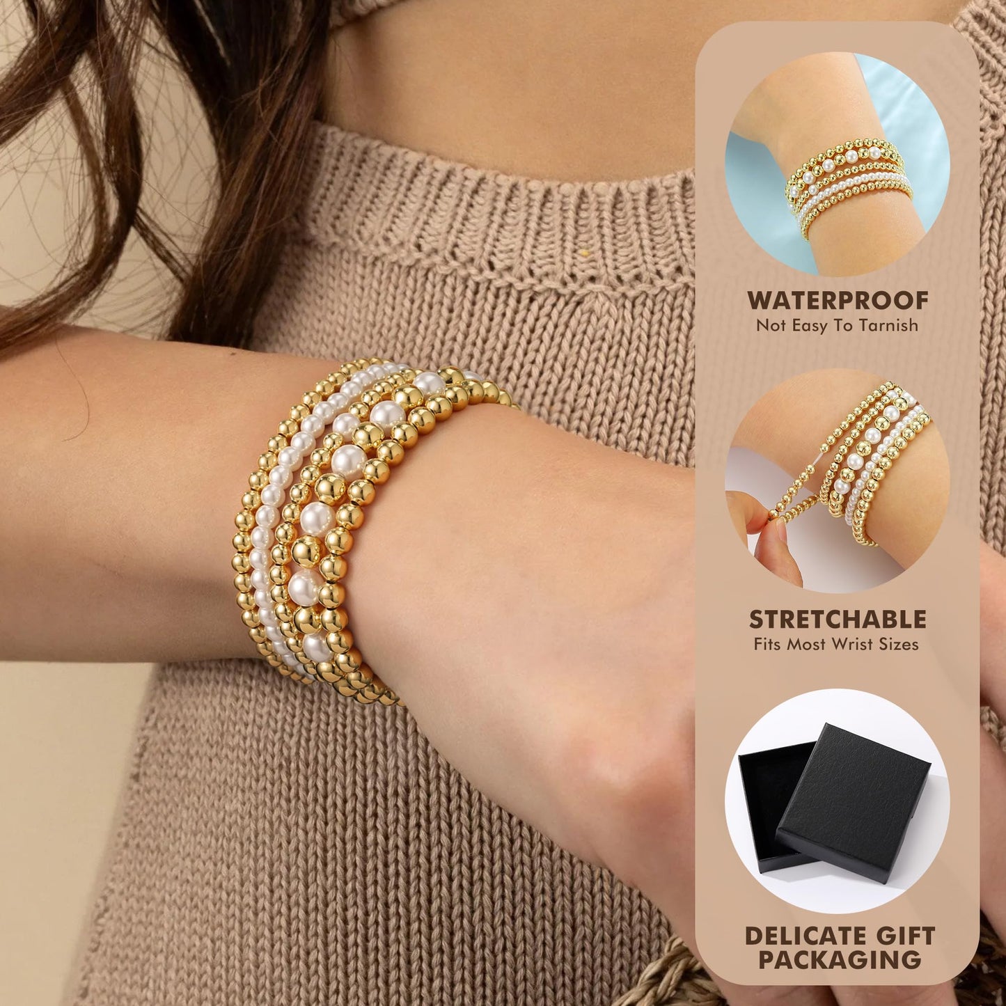 Yoosteel Gold Beaded Bracelets Set for Women - Easter Gifts 14k Gold Plated Dainty Round Beaded Cross Bracelet for Women Simplicity Stackable Jewelry Gifts（5 Pcs）