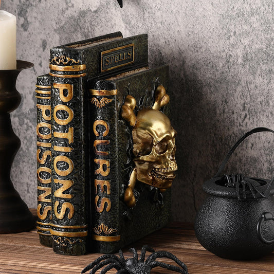 Canchiing Halloween Witch and Wizard Spellbook Tabletop Decoration with Witches Potion Jar Halloween Resin Book Stack Table Decorations for Home Vintage Mantle Fireplace(Skull Style)