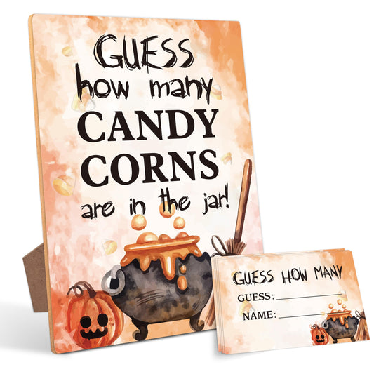 Halloween Party Game, How Many Candy Corns (1 Wooden Sign with Stand + 50 Guessing Cards), Halloween Party Favors Supplies, Family Activity - MB06