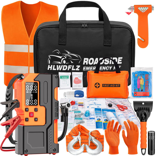 HLWDFLZ Car Roadside Emergency Kit, Jump Starter with Air Compressor, First Aid Kit, Tow Rope, Roadside Safety Emergency Tool Kit for Women, Men, Teen (Orange)
