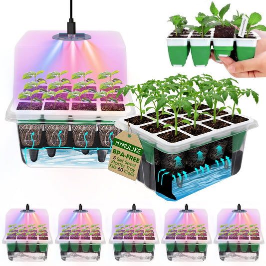 MYMULIKE Seed Starter Tray with Grow Light,5 Pack 60 Cells Seedling Tray Kit Reusable & Dishwasher Safe for Starting Vegetable, Flower & Herb Seeds Indoor Grow Kit for Deep-Rooted Seedlings
