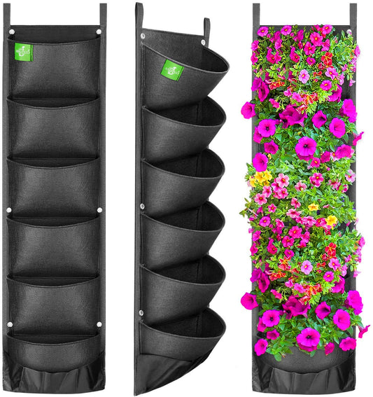 ANGTUO 6 Pockets Hanging Planters for Outdoor Plants, One Pack Wall Planter Vertical Garden, Hanging Plant Holder for Railing, Balcony, Fence