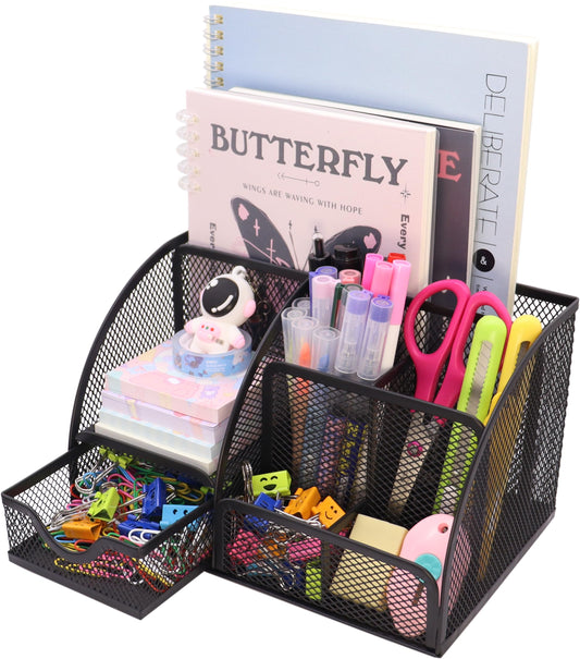Boutilon Mesh Desk Organizer Desktop Office Supplies Stationary Organizer with 6 Compartments and 1 Drawer Multi-Functional Caddy Pen Holder for Home Office School Desk Decor(Black)