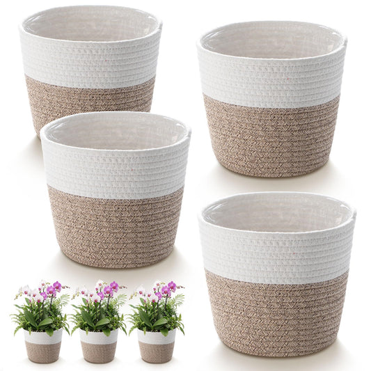 Fiwochic 4 Pcs Cotton Rope Plant Baskets Indoor Woven Flower Baskets with Plastic Liner, Plant Planter for Indoor Outdoor Spring Rustic Boho Home Farmhouse Floor Potted Pots Decor