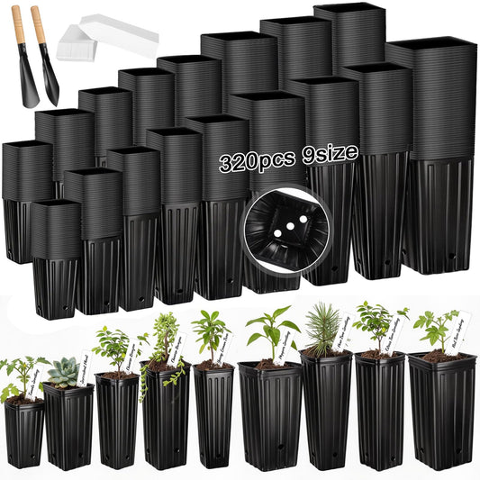 RimCereal 320 Pcs Tall Tree Pot 12.6'' 11.8'' 9.8'' Plastic Deep Nursery Tree Pot with Drainage Hole Black Seedling Plant Flower Container with Label, Garden Tool for Indoor Outdoor Garden, 9 Sizes