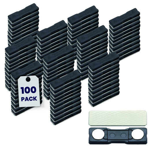 Performore 100 Pack of Name Badge Magnets 1.75" X 0.5" with 3M Adhesives and Stainless Back Plates, Magnetic Badge for Name Tags ID Holders Business Cards Conference Meetings Events