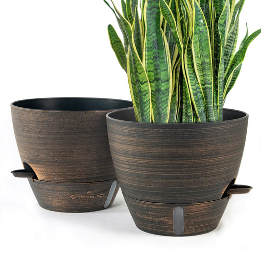 ZMTECH 10 Inch Self Watering Pots for Indoor/Outdoor Plants, Bronze Large Plastic Planter with Water Level Indicator, Drainage Hole & Removable Saucer for Garden Flowers, Deco Plant Container