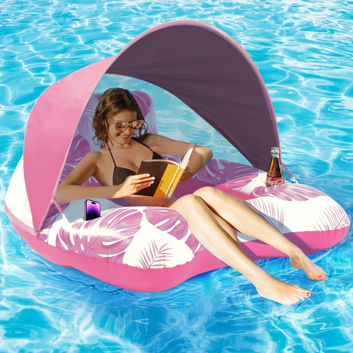 2025 New Pool Floats Adult with Canopy and Cup Holder, 3-in-1 Inflatable Pool Lounge Floaties for Swimming Pool Lake Beach Water, Raft Lounger Floating Chair for Adults Heavy Duty