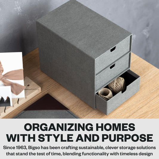 Bigso Box of Sweden Ingrid 3-Drawer Canvas Fiberboard Desk Organizer for Office Supplies and Accessories - Stackable Makeup Drawer Organizer - 6.3in x 9.9in x 8.1in - Grey