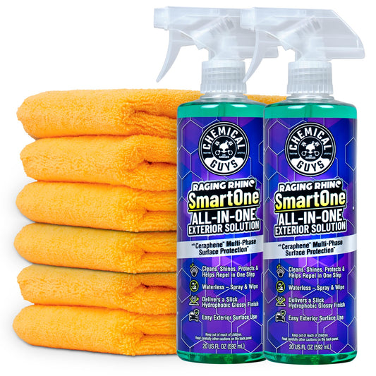 Chemical Guys Raging Rhino Waterless Car Wash And Quick Detailer Spray And Wipe Exterior Cleaner 2 Pack (20 Oz Each) With 6 Premium Microfiber Towels