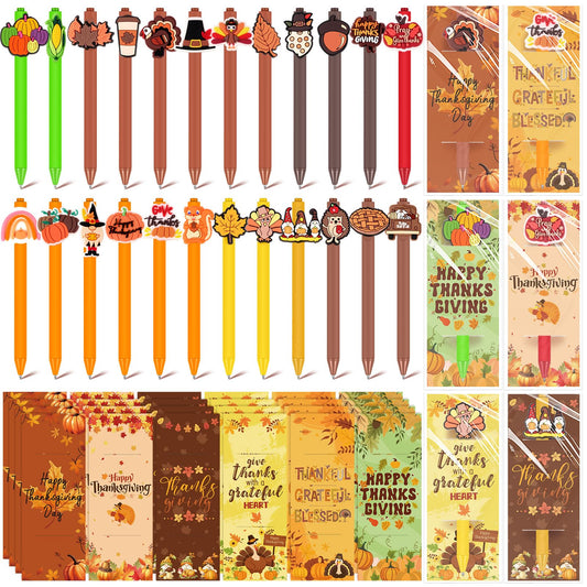 Engrowtic 24 Pcs Thanksgiving Day Gift Thanksgiving Cards with Pens Cute Cartoon Retractable Black Ink Pens Fall Greeting Card for Fall Party Favor Office School Supplies