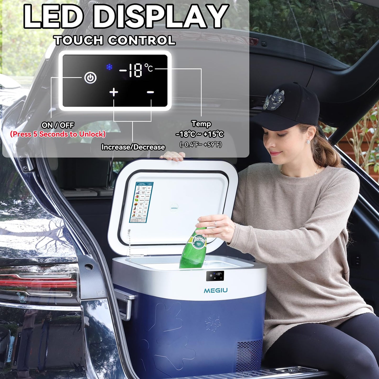 Megiu Car Refrigerator Portable Car Fridge 12V Refrigerator 23 Quart (22 Liter) Freezer Compressor Cooler 12V/24V DC 110～240 V AC for Outdoor Camping Travel Home Use -18℃~+15℃ (Blue)