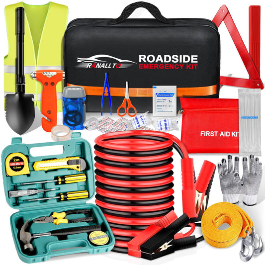 Ranallto Car Emergency Roadside Tool kit,Road Side Safety Assistance Kit for Women Men Adult,Auto Truck Vehicle Emergency Bag with Shovel Jumper Cable First Aid Kit