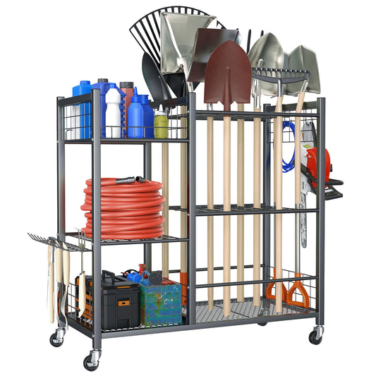 TORACK Garden Tool Stand with Wheels, Rakes Shovels Holder Yard Tools Organizer for Garage, Garden, Shed Indoor/Outdoor Long-Handled Tools Cart(Tool stand with side shelves)