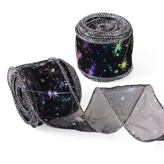 Beadthoven 20 Yards Organza Ribbon Black 2-1/8 inch Iridescent Glitter Star Print Sheer Ribbon Tulle Fabric Mesh Ribbons for Gift Wrapping, Bows, Floral Bouquets, DIY Crafts, Wedding, Party