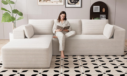 106" Cloud Sectional Boneless Couches for Living Room, Modular L Shaped Couch with Deep Seat Oversized Left Facing Chaise, Memory Foam Compressed Spineless 3 Seater Sofa for Bedroom Apartment, Beige