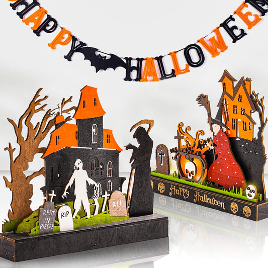 TrisolarSystem 2 Pieces Wooden Halloween Table Decorations Indoor, Festival Decoration Night Light, Witch Tombstone Castle Halloween Decor for Desk Table Fireplace Room Living Room Kitchen Office Bar