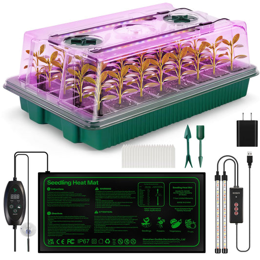 Qmioti Seed Starter Tray with Grow Light & Heating Mat, Digital Temperature Control, 40-Cell Seed Starter Kit with Humidity Dome, Reusable Seed Starter for Indoor Planting Seeds