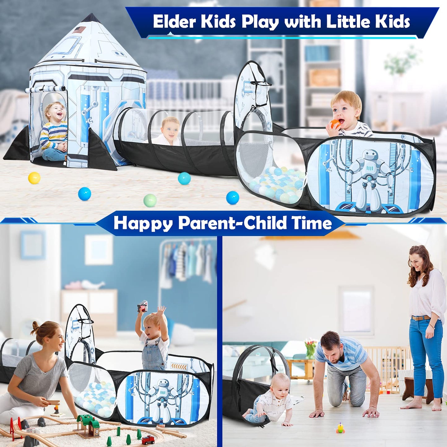 Senodeer Rocket Ship Kids Play Tent: 3Pcs Toddlers Pop Up Ball Pit and Play Tunnel for Indoor Outdoor, Spaceship Baby Playhouse Toys for 1-3 Year Old Boys Girls (3 in 1 Kids Tent)