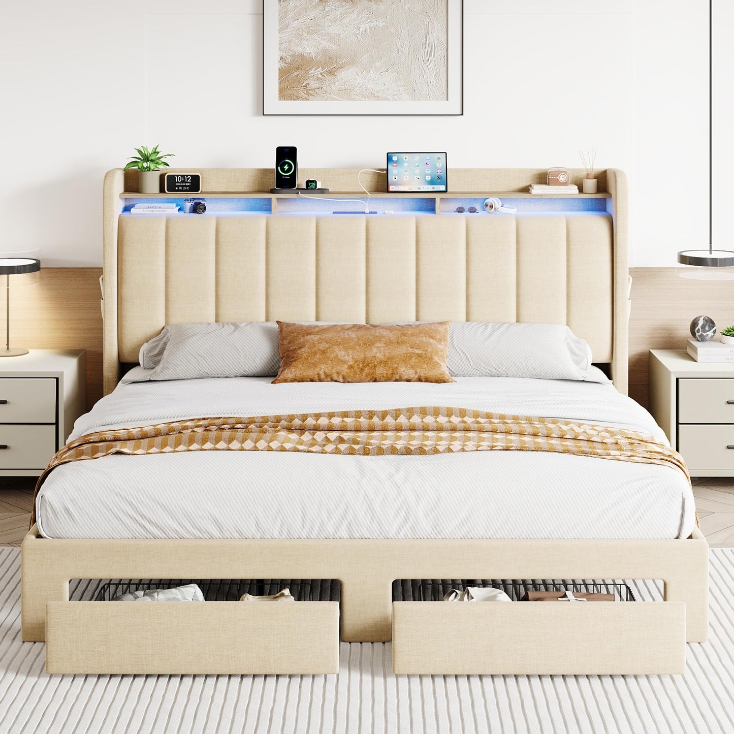 SHA CERLIN King Size Platform Bed Frame with Vertical Channel Tufted Wingback Headboard & 2 Storage Drawers/2-Tier Shelves with LED Lights & Charging Station/Noise-Free/No Box Spring Needed/Beige