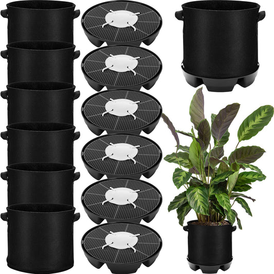Jingmore 6 Set Self Watering Fabric Pot Base 3 Gallon Plant Nonwoven Grow Bags Automatic Watering System Plant Saucer Elevated Flower Trays with Handles for Fruits Vegetables Flowers Grow(Black)