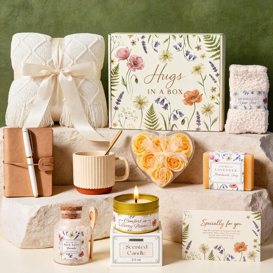 GIFTINBOX Gift Baskets for Women Spa, Self Care Package with Rose Flower, Soft Blanket & Socks, Birthday Gifts, Get Well Sympathy Gift for Mom Wife Sister